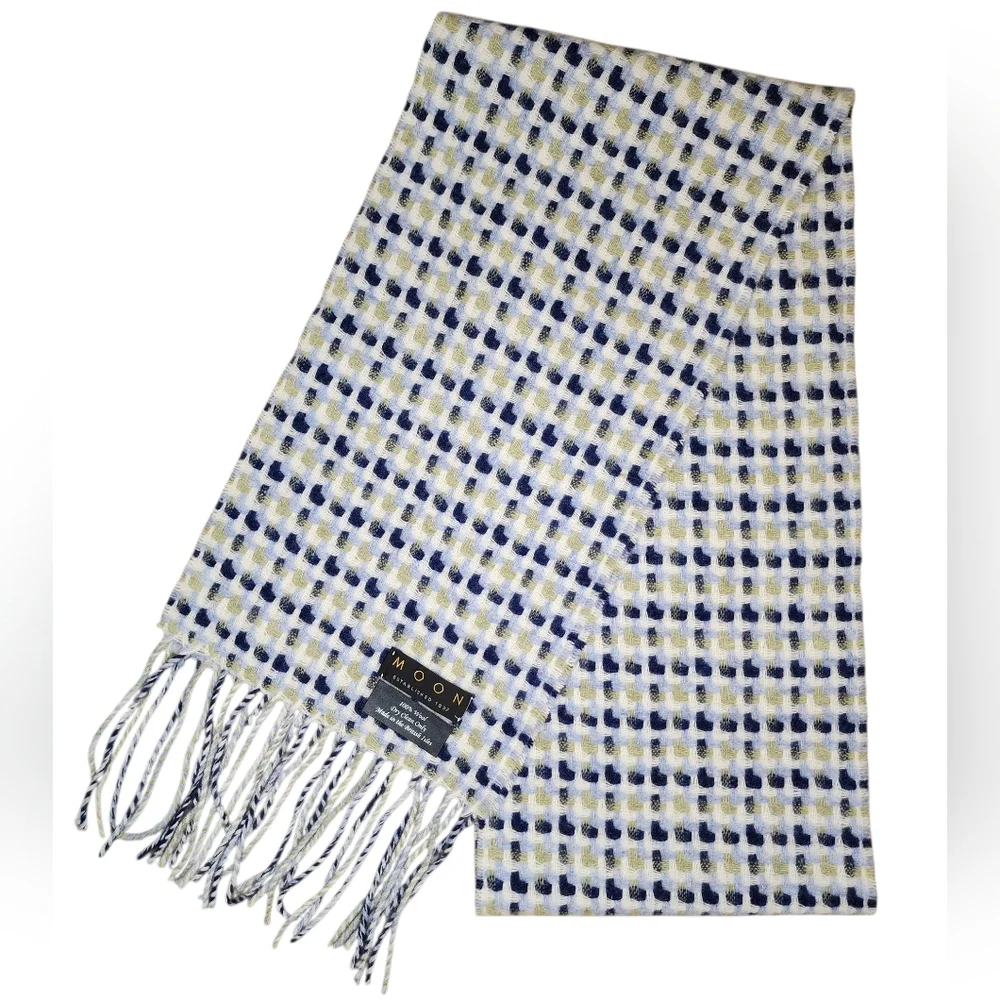 MOON 100% Wool Woven Scarf - Blue, Navy & Gold/Green Check, Unisex